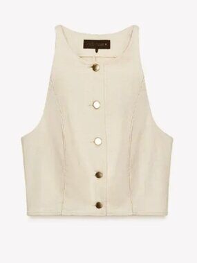Zara Cropped Tan Denim Vest - Safari Vest with Halter Neckline, Button Details